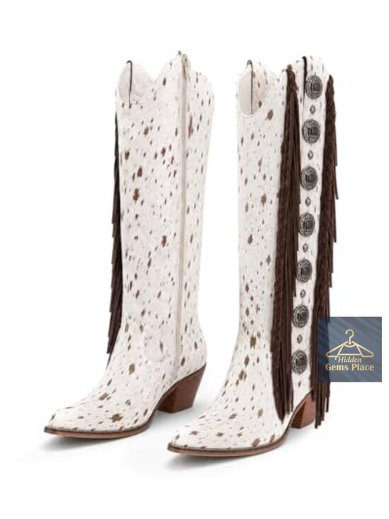 Shoes - Cow Print Knee High Boots Pointed Toe Chunky Heel Fringe Western Cowgirl Boots
